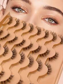 ENCHUW 16对假睫毛，蓬松柔软，透明睫毛梗，仿貂毛材质，卷翘型假睫毛，适合日常佩戴 - 黑色 - 查看 1