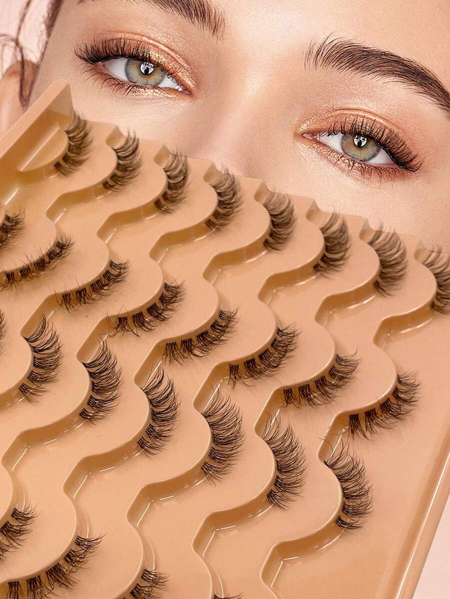 ENCHUW 16对假睫毛，蓬松柔软，透明睫毛梗，仿貂毛材质，卷翘型假睫毛，适合日常佩戴 - 黑色 - 查看 1