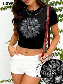 Áo thun nữ LOVE JOYY màu đen cổ tròn ôm sát tay ngắn phong cách đường phố thường ngày, in họa tiết hoa cúc đính đá lấp lánh, thích hợp cho các hoạt động thường ngày mùa hè, đi làm, hẹn hò, du lịch và tiệc tùng. - màu đen - Xem 5