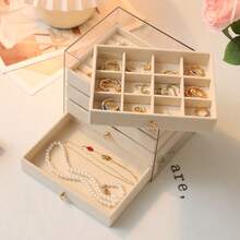 Hộp đựng trang sức có 5 ngăn kéo, hộp đựng bông tai bằng acrylic trong suốt với khay nhung điều chỉnh được dành cho nữ - Màu xám, 5 tầng - Màu be - Xem 6