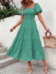 Women's Casual Summer Midi Dress With Puff Short Sleeves, Square Neck, Smocked Waist And Tiered Ruffle Hem. - 綠色 - 查看 4