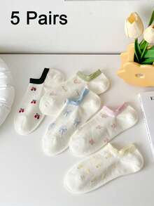 5 đôi tất cổ thấp mỏng họa tiết nơ và hoa nhí mới dành cho nữ, thích hợp cho mùa xuân/hè. - Nhiều màu - Xem 2