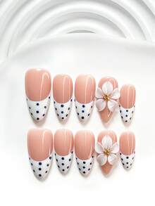 10Pcs Gentle French Heiress Style Handmade Nail Art Set,Polygel Nail Set,Handmade 3D Five-Petal White Flower Nail Art Accessories,Hand-Painted Black Polka Dot Nail Art Decorations,Wedding Nail Set,White Nail Polish,Comes With Nail Tools(1 Sheets Jelly Stickers+1PC Nail File)3 Sizes Available,Square Nails, Short Square Nails,Almond Nails,Suitable For Reunion,Daily,Party,Photograph,Play,Spring Summer,Commute Supplies Nails - 彩色 - 查看 18