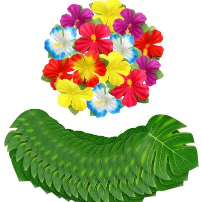 20/40 قطعة من ديكورات حفلة استوائية، أوراق نخيل اصطناعية وأزهار الخبرة، مناسبة لحفلات الشواء الهاواي، حفلات الغابة والشاطئ، حفلات عيد الميلاد، ديكور طاولة