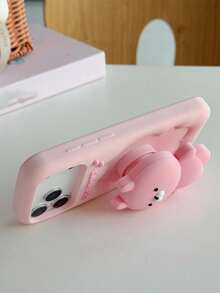 1 pieza Funda de teléfono de silicona suave con soporte, adecuada para iPhone 17 Pro Max/16 Pro/15/14, linda funda de teléfono de dibujos animados rosa - rosa - Ver 5