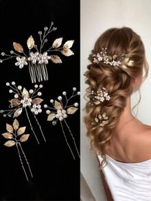 4件套新娘婚礼头饰手工编织金合金珍珠花朵发夹节日派对婚纱首饰配件 - 彩色 - 查看 3