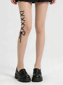 1双蝴蝶结杏色丝袜，日式甜美交叉绑带连裤袜，女士紧身裤袜 - 杏色 - 查看 9