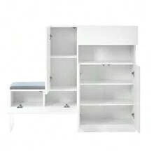 Moderner 2-in-1 Schuhschrank mit gebogenen Türen: Tür mit Soft-Close-Mechanismus, höhenverstellbare Fächer und gepolsterte Sitzbank, weiß, 130 * 35 * 110 cm. - Weiss - Übersicht 9