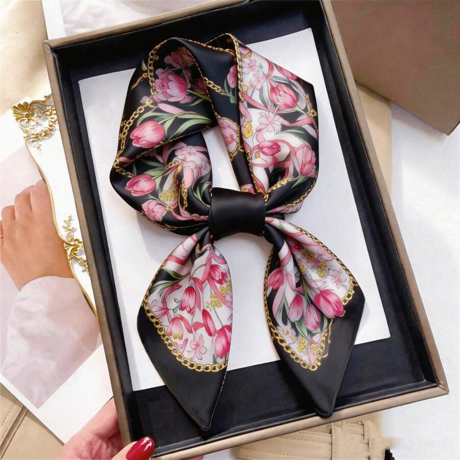 Khăn vuông in họa tiết giả lụa 26,77 inch (68cm), phụ kiện băng đô/khăn quàng cổ đa năng thoáng khí thời trang dành cho nữ, 1 chiếc - màu đen - Xem 1