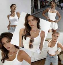 Women's Solid Color Square Neck Ribbed Cropped Fitted Casual Versatile Tank Top - White - View 2