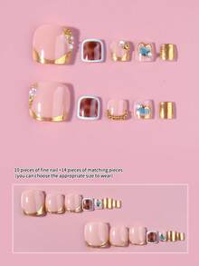 24pcs Y2K Style Medium Square 3D Golden French Manicure Stickers (Suitable For Toes), Includes Gold Pearl, Rhinestone And Leopard Print Designs, Charming Feminine Style, Full Coverage Acrylic Fake Nails, Comes With 1 Bottle Of Glue And 1 Nail File, Suitable For Ladies And Girls For Daily Work, Study And Party, Spring/Summer Nail Art - Multicolor - View 5