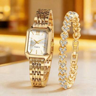 Bộ 1 đồng hồ nữ thời trang cổ điển mặt vuông, máy quartz, kèm dây đeo, thích hợp để đeo hàng ngày, làm quà sinh nhật, quà tựu trường, quà Lễ Tạ ơn, quà lãng mạn, món quà hoàn hảo.