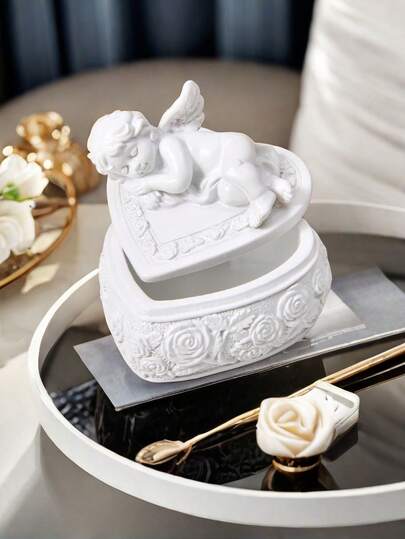 Hộp đựng trang sức hình thiên thần cổ điển, làm từ nhựa resin, chạm khắc hoa hồng, hình trái tim, thích hợp để đựng nhẫn và bông tai, dùng trang trí nhà cửa, quà tặng ngày Valentine, ngày của Mẹ, vật trang trí bàn trang điểm.