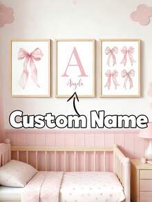 3pcs Personalized Pink Ribbon Wall Art Poster Customized Name Children's Room Decor Inkjet Painting Pink Bow Sweet Style Modern Cute Hanging Picture Minimalist Apartment Bedroom Living Room Decor Baby Girl Birthday Gift Unframed - Pink - View 10