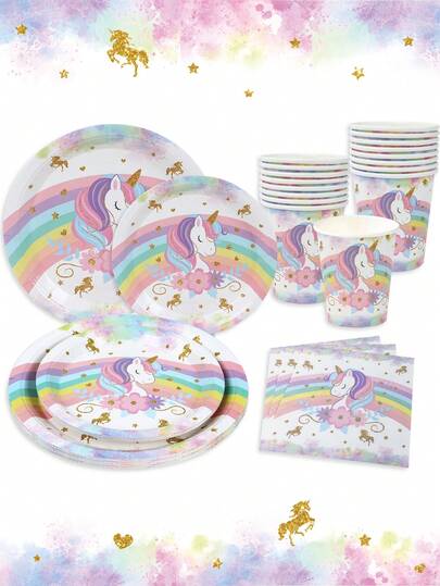 40pcs/Set Rainbow Unicorn Tableware, Birthday Decoration Disposable Tableware, Food Tray, Cake Tray, Disposable Plates, Party Cup, Water Cup, Napkins, Tissue, Party Disposable Food Container, G Irl's Birthday, Birthday Gifts, Party Favors, Babe Shower Decor, Gender Reveal Party, Birthday Decorations For Home, Kitchen Supplies, UnicornTheme Party Decorations