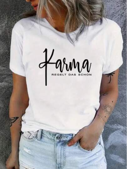 100% Cotton Women's Casual Elegant Cotton T-Shirt with 'Karma Regelt Das Schon' Print, Round Neck Short Regular Sleeves for Everyday Wear, Slightly Stretchy