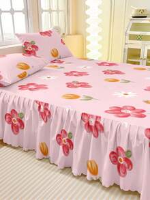 Juego de falda de cama con volantes con estampado floral rosa, falda de cama con volantes con estampado de tulipanes rojos, material de microfibra suave apto para colchones Queen/King/Twin/Full, decoración estética para el dormitorio - Multicolor - Ver 8