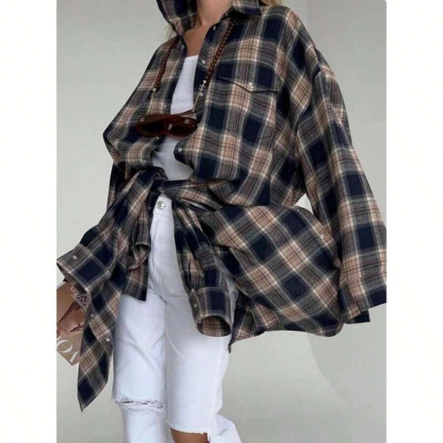 Fashion Baggy Plaid Women'S Blouse Elegant Lapel Long Sleeve Shirts And Blouses Vintage Pocket Lace-Up Top Female 2026 Summer Tops Summer Outfits For Women Summer Clothes Shirts Vacation Outfits Women Spring Outfits For Women Blusas Bonitas De Mujer Cute Tops Going Out Tops Women - 如圖所示_MULTI - 查看 1