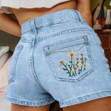 New Bamboo Knot Embroidered Elastic Casual Denim Shorts For Women Summer - Light Wash - View 1