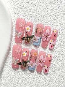10Pcs French Countryside Style Handmade Press On Nail,Polygel Nail Set,3D Golden Retro Dragonfly,Pink Flowers,Blue And Pink Nail Polish,Summer Vacation Style,Includes Nail Tools,3 Sizes Available,Almond,Duck,Coffin Nails For Party,Dance,Daily Wear. - 彩色 - 查看 4