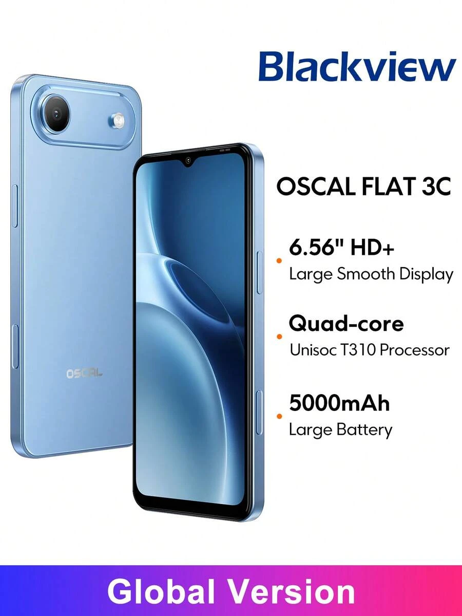 Blackview OSCAL FLAT 3C 智能手机全球版，6.56 英寸屏幕，3200 万像素后置摄像头 + 1300 万像素前置摄像头，搭载紫光展锐 T310 处理器，最大支持 2TB TF 卡扩展，5000mAh 电池 - 藍色 - 查看 1