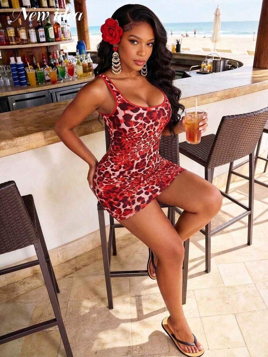 Urban Chic Leopard & Print Sleeveless Bodycon Dress, Bold Aesthetic Summer Dress Suitable Dates And Photoshoots - 紅色 - 查看 1