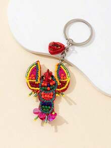 1pc Handmade Rice Bead & Rhinestone Lobster Shaped Decorative Charm For Women Handbag Beach Essentials Purse Charm Purse - 紅色 - 查看 3