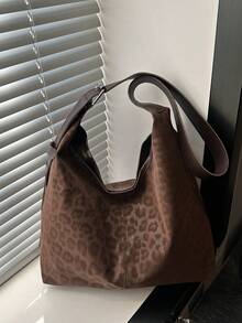 Large Capacity Leopard Print Tote Bag, Versatile Fashion Minimalist Casual Personalized Chic Shoulder Bag For Commuting - Coffee - View 6