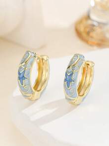 1 Đôi bông tai thời trang mới bằng đồng mạ vàng họa tiết hoa, tráng men cloisonne đính ngọc trai dành cho nữ và bé gái - Màu xanh nhạt - Xem 1