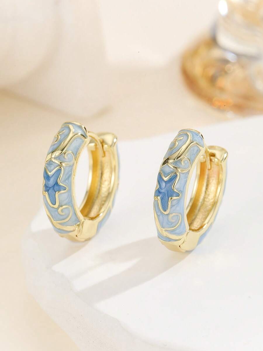 1 Đôi bông tai thời trang mới bằng đồng mạ vàng họa tiết hoa, tráng men cloisonne đính ngọc trai dành cho nữ và bé gái - Màu xanh nhạt - Xem 1