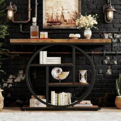 Haltafel, consoletafel, industriële salontafel met 4 niveaus, haltafel met ronde voet