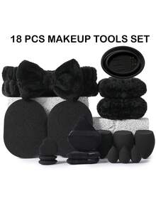 Bộ dụng cụ trang điểm 1/18/25/26/44 món bao gồm: Bộ 25 cọ trang điểm + 3 bông mút trang điểm + 3 bông mút trang điểm mini + 3 bông phấn tam giác + 3 bông phấn dạng cushion mini + 1 băng đô + 2 dây đeo chậu rửa mặt + 1 dụng cụ vệ sinh cọ trang điểm + 1 hộp đựng + 2 miếng bọt biển rửa mặt - màu đen - Xem 14