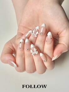 10 Móng Tay Giả Acrylic Thủ Công, Móng Ngắn, Móng Hạnh Nhân, Móng Trắng, Móng Trong Suốt, Kiểu Nhẹ nhàng Ngọt ngào, Đầu Móng Kiểu Pháp, Móng Đính Đá, Móng Nơ, Móng Dễ Thương, Giá Rẻ, Dụng Cụ Làm Móng, Bộ Móng Tái Sử Dụng Kèm Dụng Cụ Làm Móng, Mùa Hè, Mùa Xuân, Phong Cách Y2K, Lý Tưởng Cho Đi Làm Hàng Ngày, Tiệc Tiễn & Quà Tặng Văn Phòng - trắng - Xem 3