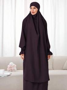 两件套穆斯林女性祈祷服套装，长袍，宽松长袖连衣裙，祈祷面纱头巾，适合节日穿着 - 彩色 - 查看 9