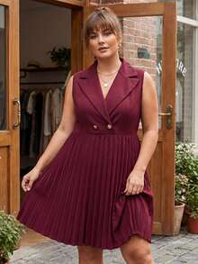 Women's Plus Size Mini Dress Summer Fashionable Solid Color V Neck Sleeveless Ruffle Hem Dress - Rojo - Ver 3