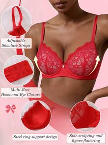 Women's Red Lace Padded Bra - Comfortable Lift & Support, Suitable For Daily Wear And Dates - Red - View 2