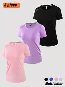 3 peças/Conjunto Novos Lançamentos Primavera/Verão Camiseta Solta Estampada de Manga Curta para Mulheres, Camiseta Esportiva Casual Solta de Manga Curta de Cor Sólida Versátil para Exercícios - Multicolorido - Visão 1