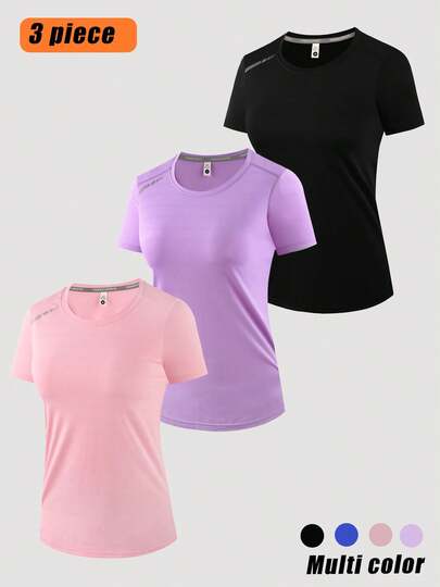 Set de 3 piezas Nuevas Llegadas Primavera/Verano Camiseta de mujer con estampado, manga corta, holgada; Camiseta deportiva de manga corta, ajuste holgado, unicolor, versátil para entrenamiento
