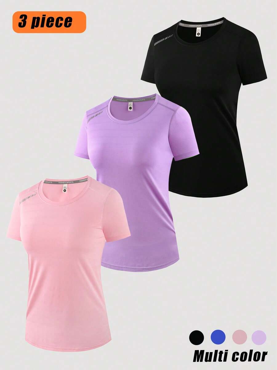 3 peças/Conjunto Novos Lançamentos Primavera/Verão Camiseta Solta Estampada de Manga Curta para Mulheres, Camiseta Esportiva Casual Solta de Manga Curta de Cor Sólida Versátil para Exercícios - Multicolorido - Visão 1