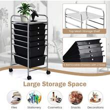 COSTWAY 6-Drawer Rolling Storage Cart, Multifunctional Art Craft Tools Organizer On Wheels, Heavy Duty Utility Mobile Storage Trolley W/ 2 Lockable Wheels For Home Office School (Black) - 白色 - 查看 4