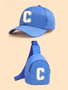 2 piezas Conjunto de gorra de béisbol con 26 letras y bolso bandolera para niños, gorra de sol azul ajustable + bolso de pecho casual, adecuado para uso diario - Azul - Ver 23