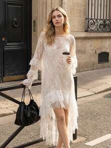 Vestido de encaje para mujer, manga larga, cuello redondo, color liso, bajo asimétrico, vestido vaporoso con volantes. - Blanco - Ver 5