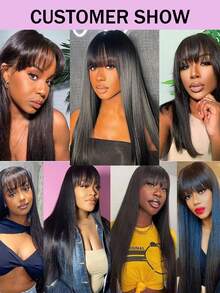 Perucas de Cabelo Humano Liso com Franja Reta Sem Frente de Renda, Densidade de 180%, Cabelo Virgem Brasileiro Longo, Peruca Sem Cola Feita à Máquina para Mulheres, Cor Preta Natural, Peruca para Festa de Cosplay - Natural Black - Visão 5