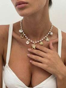 1件时尚海星贝壳吊坠项链，海洋度假风优雅仿珍珠项链，甜美别致的ins风女士礼物 - 彩色 - 查看 2