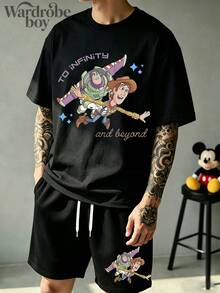Disney Authorized Short Sleeved Printed T-Shirt And Shorts Set,Mens 2 Piece Outfits, Patterned T-Shirt And Shorts Set, Suitable For Family Travel And Vacation. Suitable For Both Men And Women. Comfortable And Breathable. - 黑色 - 查看 1