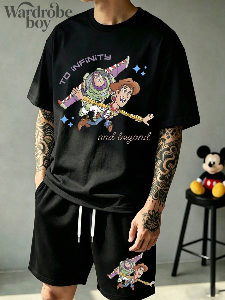 Disney Authorized Short Sleeved Printed T-Shirt And Shorts Set,Mens 2 Piece Outfits, Patterned T-Shirt And Shorts Set, Suitable For Family Travel And Vacation. Suitable For Both Men And Women. Comfortable And Breathable. - 黑色 - 查看 1