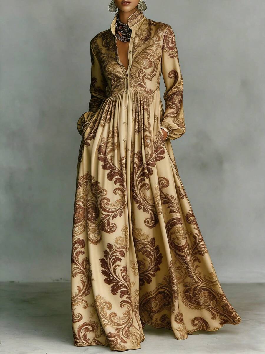 French Style Elegant Retro Casual Dress For Women Slimming Long Sleeve Printed Midi Dress With Waist Cinching Vacation Fashion Clothing - 卡其色 - 查看 1