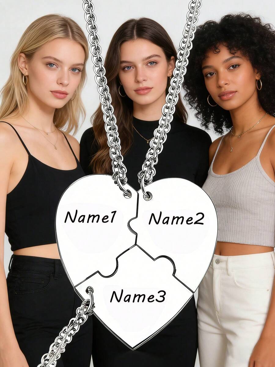 3Pcs Personalized BFF Necklace, Custom Name Heart Puzzle Pendant Set, Stainless Steel Friendship Jewelry Gift For 3 Sisters Best Friends - Silver - View 1