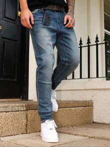 1 chiếc quần jean nam màu xanh denim co giãn, kiểu dáng đường phố năng động, thoáng khí, màu trơn, dáng ôm, phù hợp cho đi dạo phố, các hoạt động ngoài trời cùng gia đình, mọi mùa. - Màu xanh lam - Xem 4