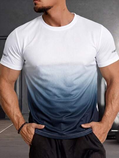 Áo thun thể thao nam dáng casual phối màu ombre, chất liệu nhẹ, nhanh khô, cổ tròn, tay ngắn, đa năng cho mùa hè.